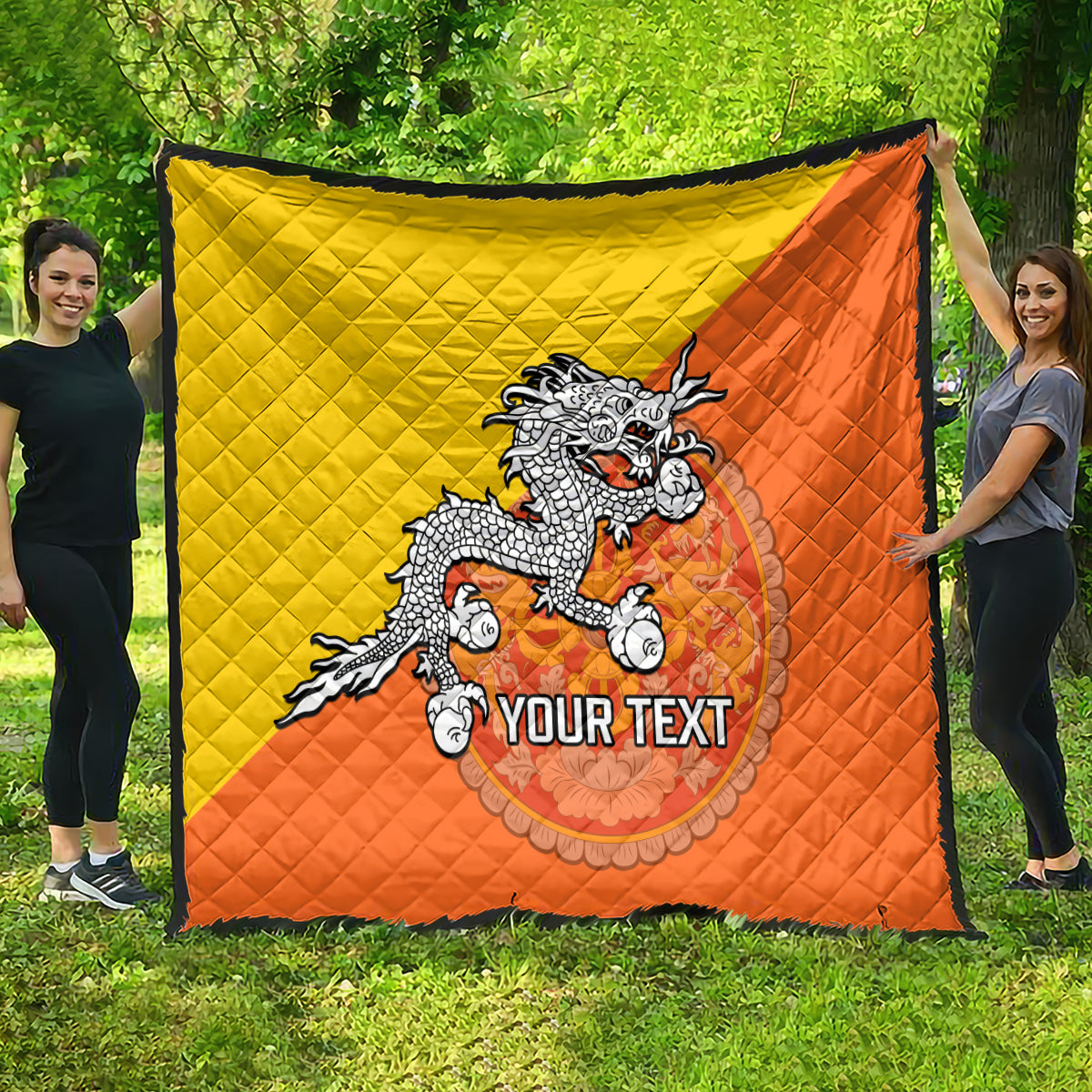 Personalised Bhutan National Day Quilt Coat Of Arms Mix Flag Style - Wonder Print Shop
