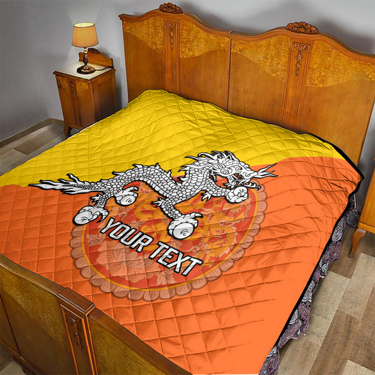 Personalised Bhutan National Day Quilt Coat Of Arms Mix Flag Style - Wonder Print Shop