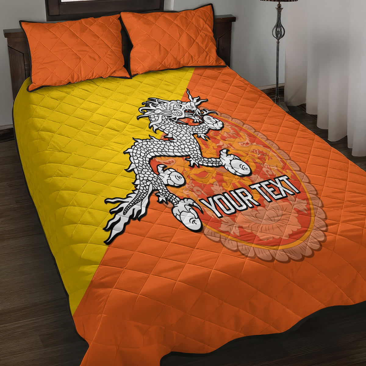 Personalised Bhutan National Day Quilt Bed Set Coat Of Arms Mix Flag Style - Wonder Print Shop