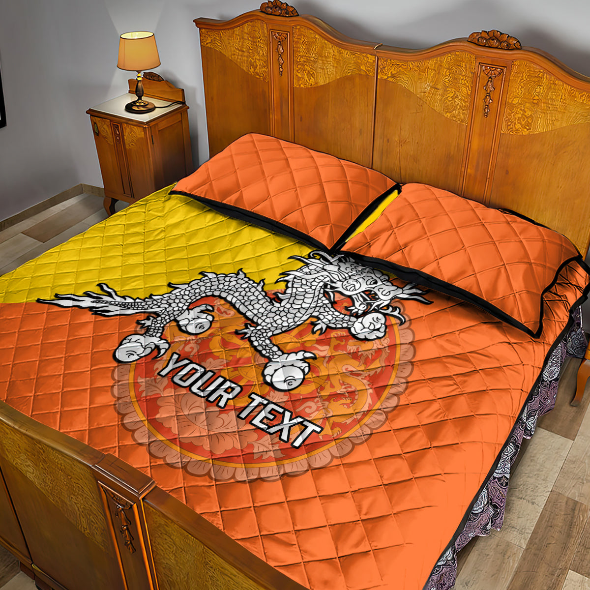 Personalised Bhutan National Day Quilt Bed Set Coat Of Arms Mix Flag Style - Wonder Print Shop