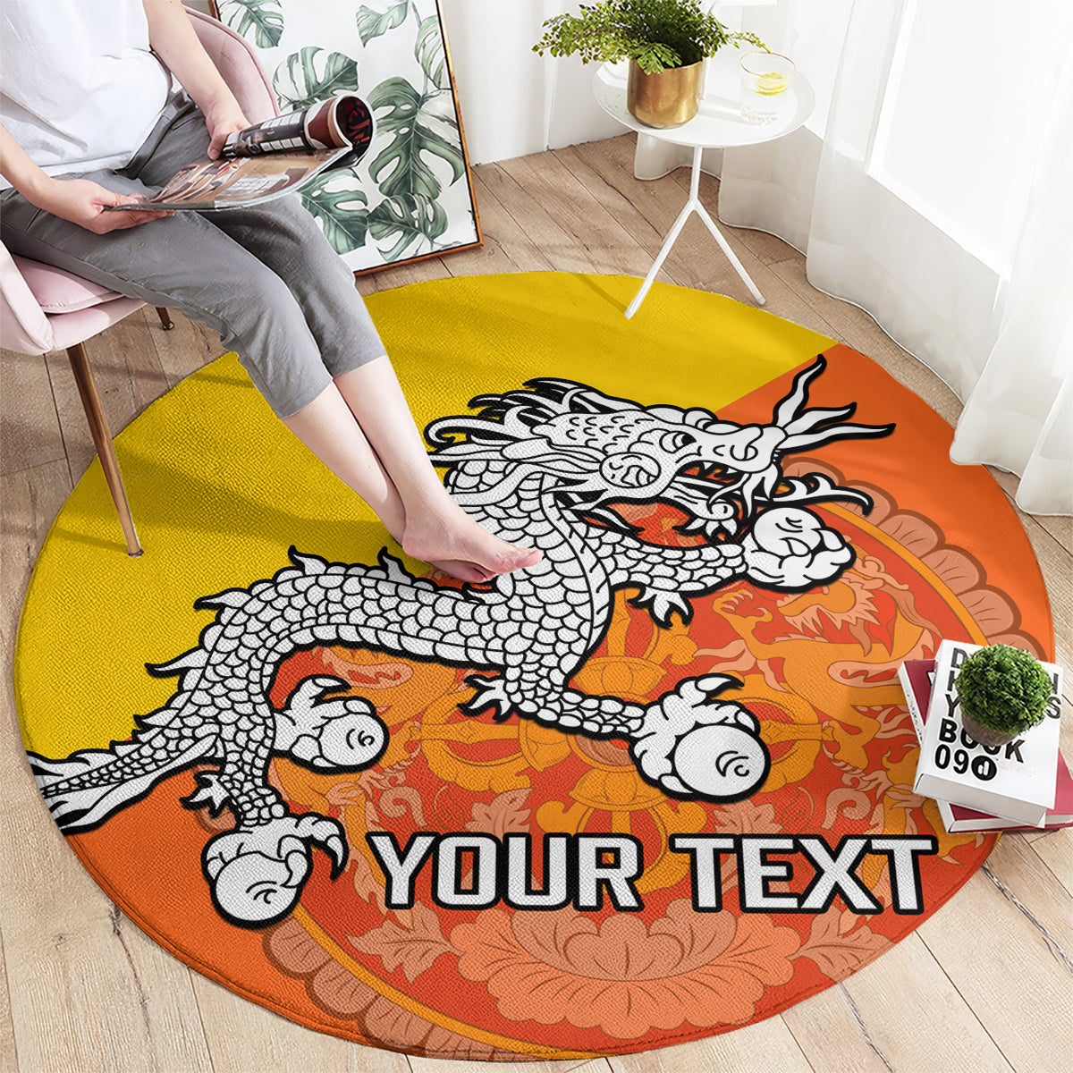 personalised-bhutan-national-day-round-carpet-coat-of-arms-mix-flag-style
