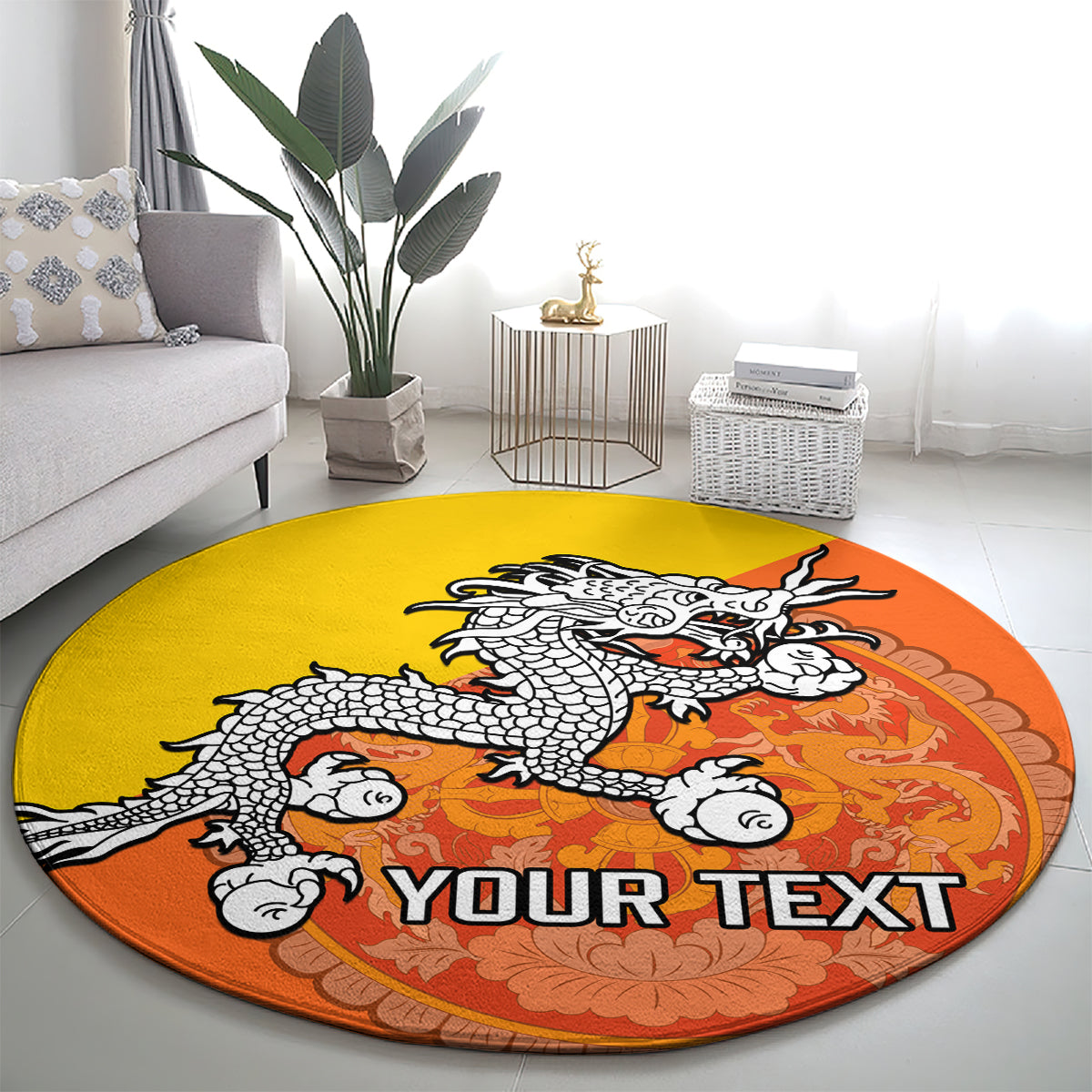personalised-bhutan-national-day-round-carpet-coat-of-arms-mix-flag-style