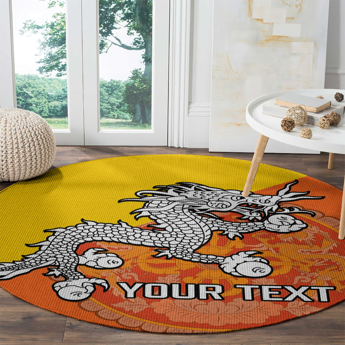personalised-bhutan-national-day-round-carpet-coat-of-arms-mix-flag-style