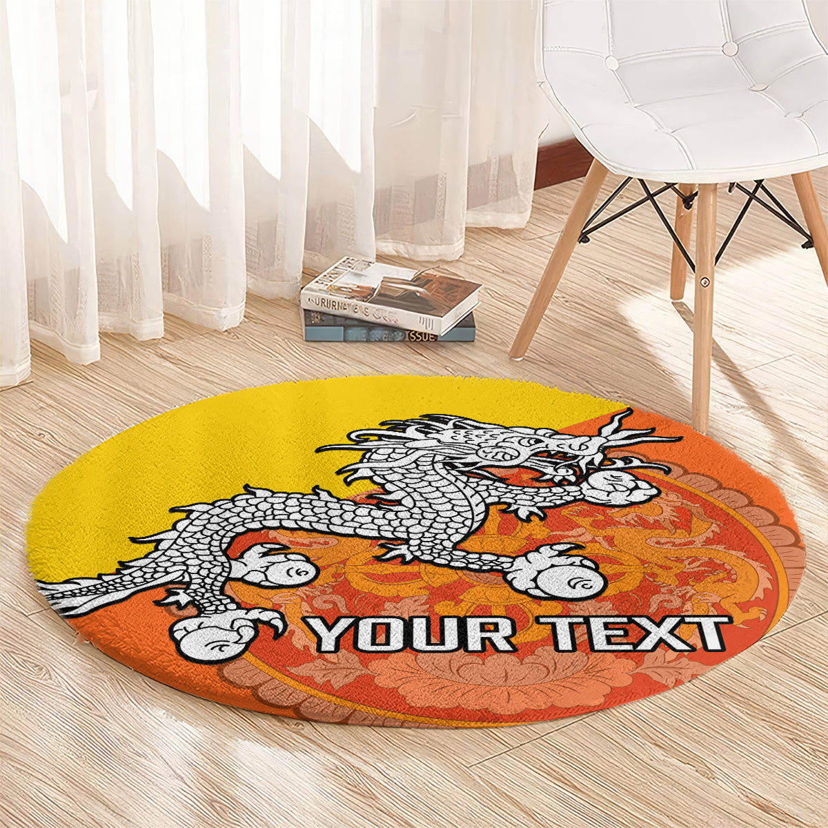 personalised-bhutan-national-day-round-carpet-coat-of-arms-mix-flag-style