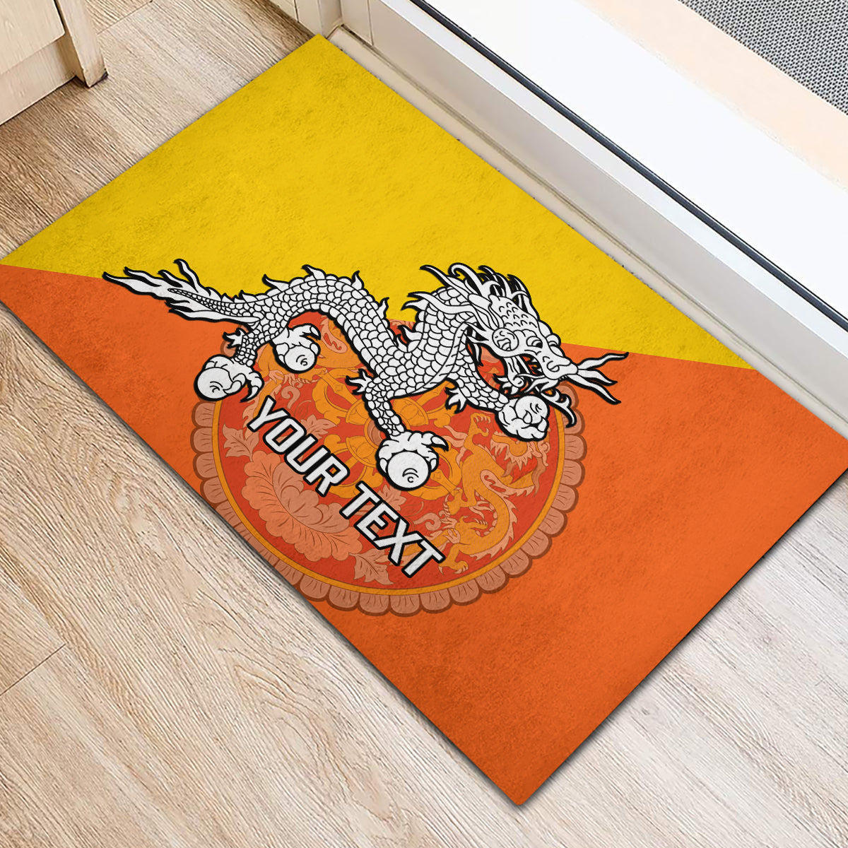 Personalised Bhutan National Day Rubber Doormat Coat Of Arms Mix Flag Style - Wonder Print Shop
