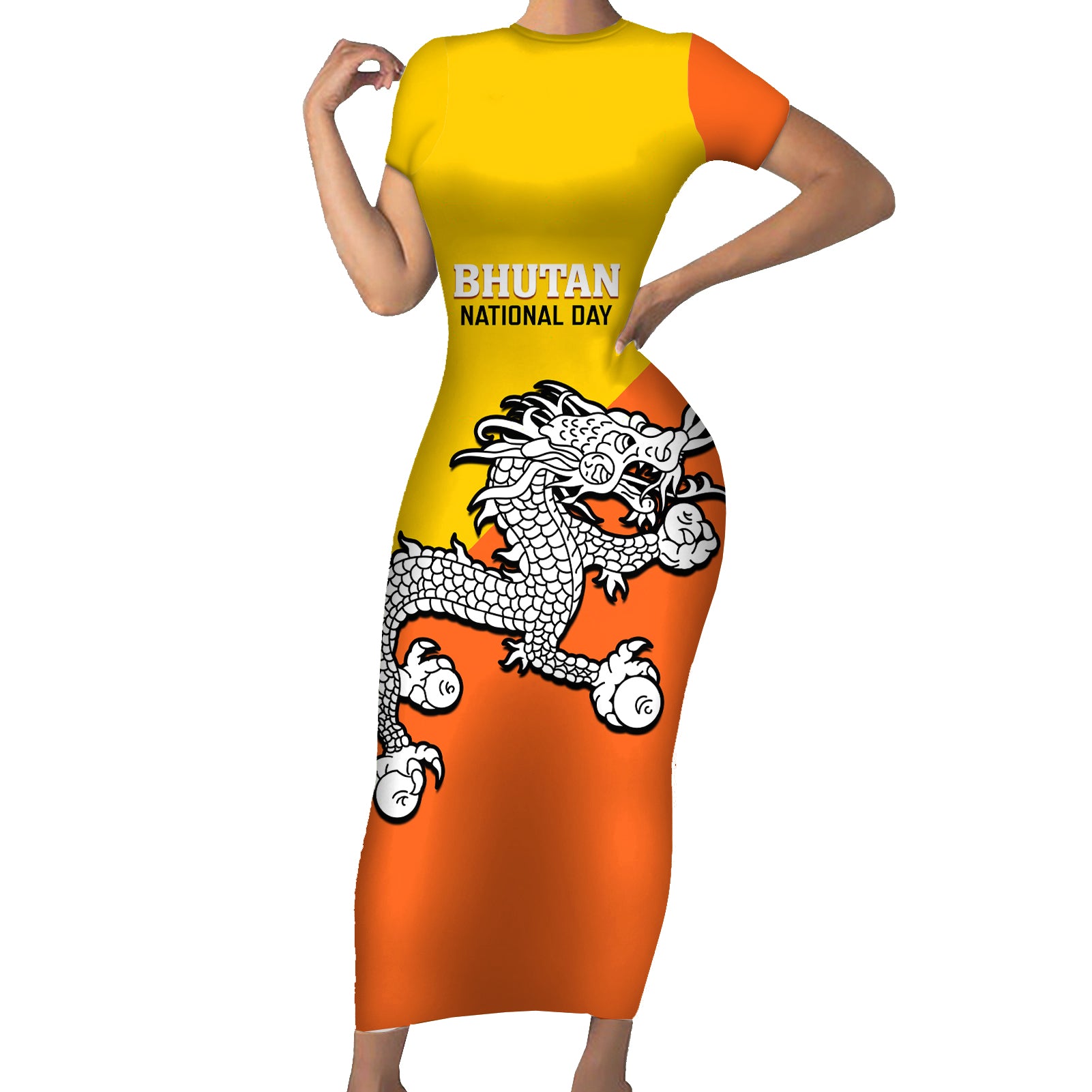 Personalised Bhutan National Day Short Sleeve Bodycon Dress Coat Of Arms Mix Flag Style - Wonder Print Shop