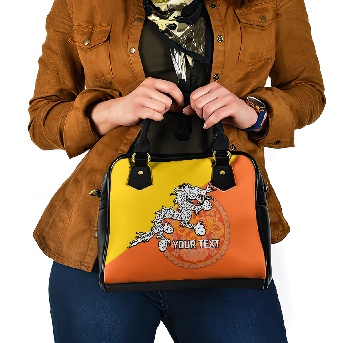 personalised-bhutan-national-day-shoulder-handbag-coat-of-arms-mix-flag-style