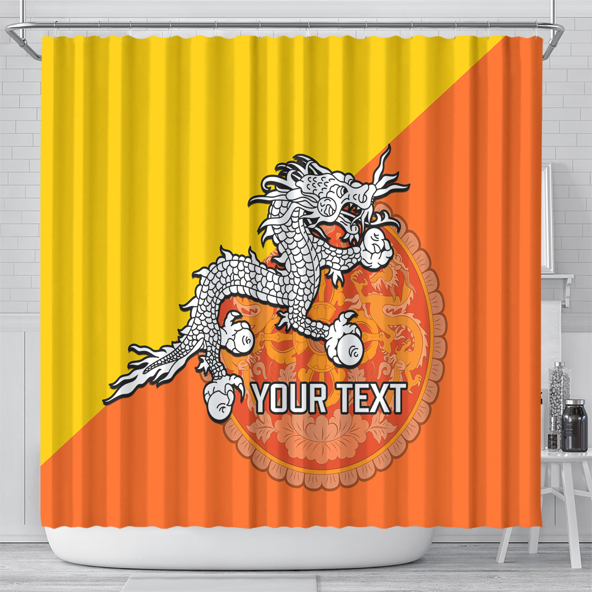 personalised-bhutan-national-day-shower-curtain-coat-of-arms-mix-flag-style