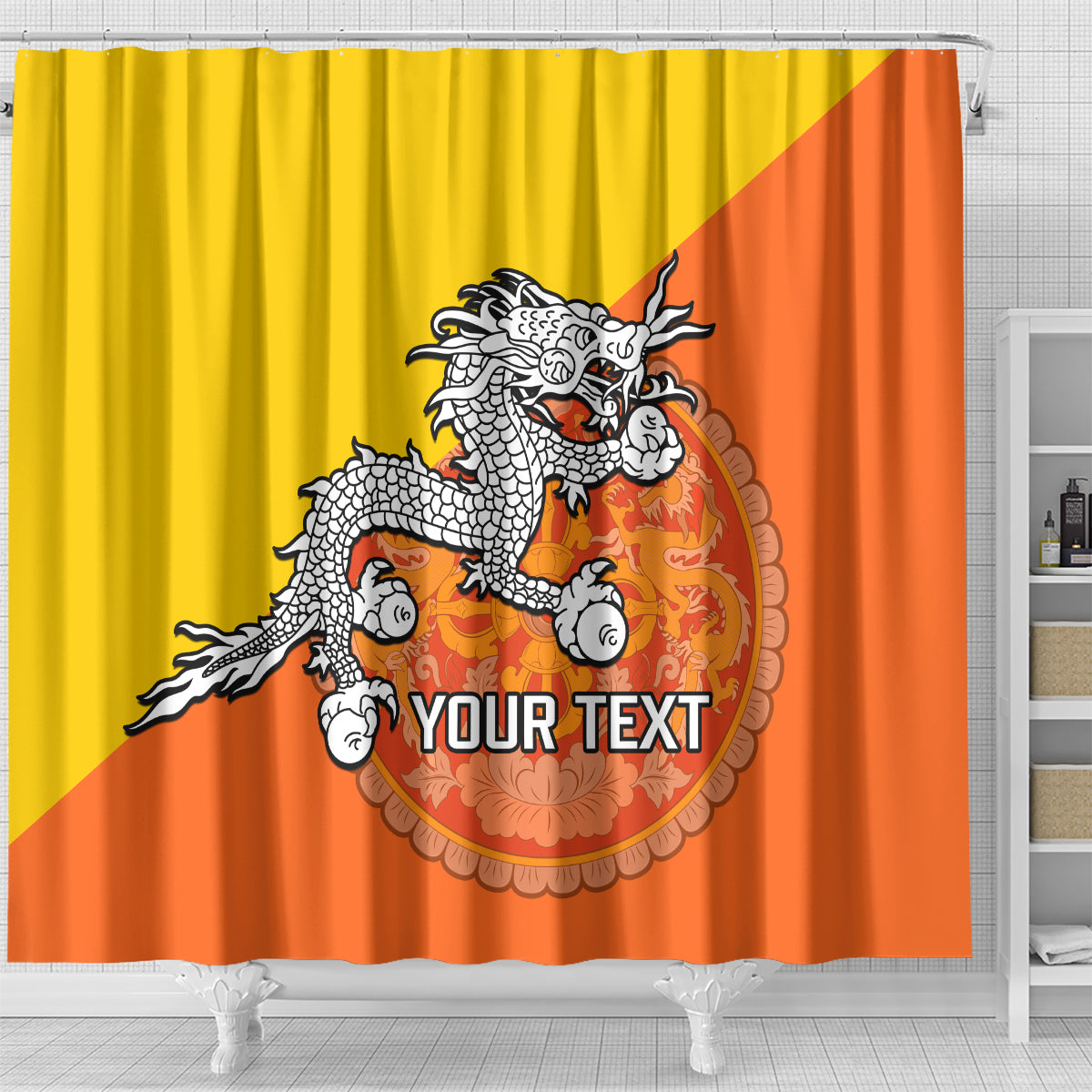 personalised-bhutan-national-day-shower-curtain-coat-of-arms-mix-flag-style