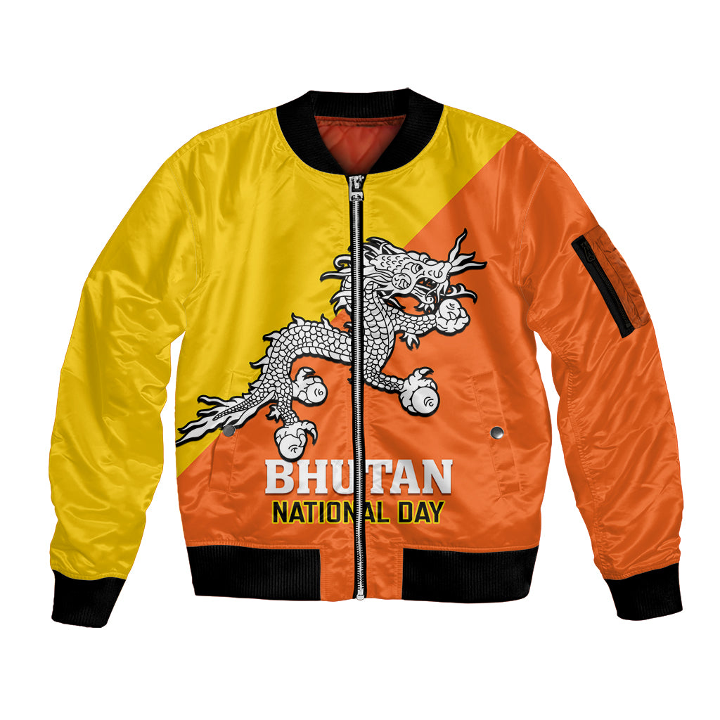 Personalised Bhutan National Day Sleeve Zip Bomber Jacket Coat Of Arms Mix Flag Style - Wonder Print Shop