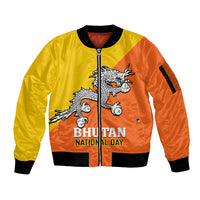Personalised Bhutan National Day Sleeve Zip Bomber Jacket Coat Of Arms Mix Flag Style - Wonder Print Shop