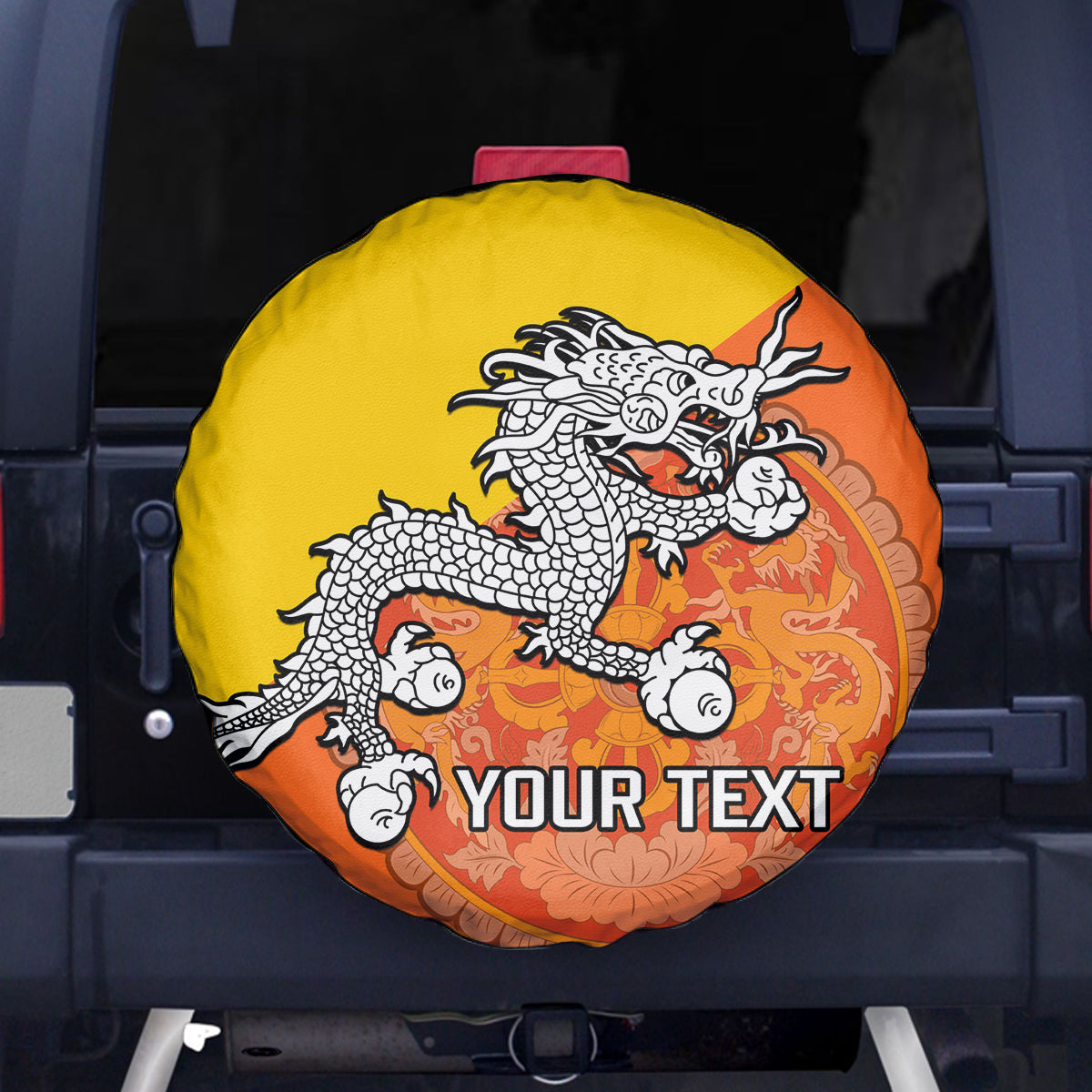 Personalised Bhutan National Day Spare Tire Cover Coat Of Arms Mix Flag Style - Wonder Print Shop