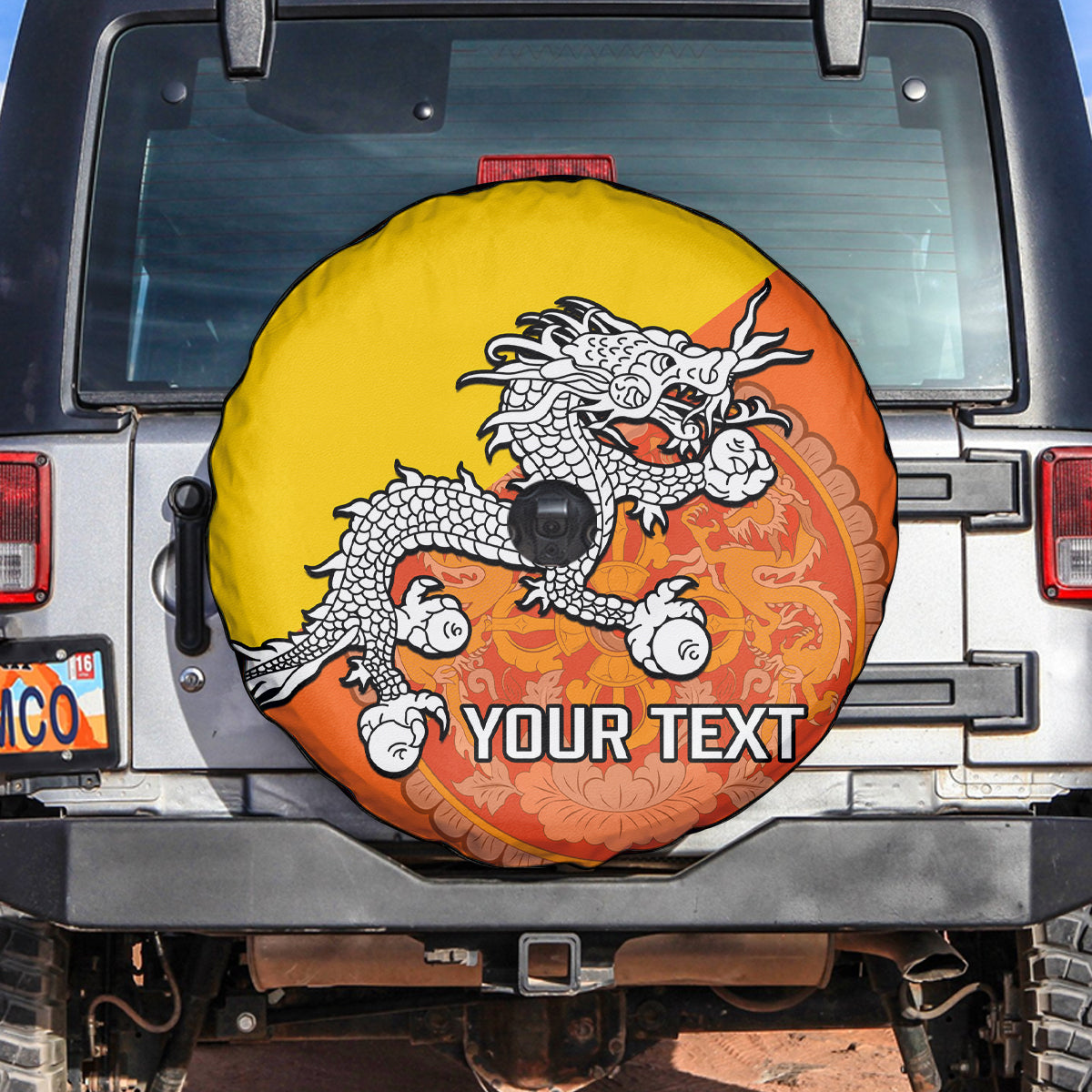 Personalised Bhutan National Day Spare Tire Cover Coat Of Arms Mix Flag Style - Wonder Print Shop