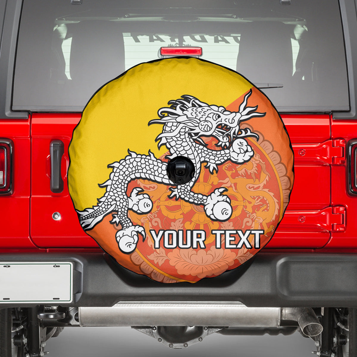 Personalised Bhutan National Day Spare Tire Cover Coat Of Arms Mix Flag Style - Wonder Print Shop