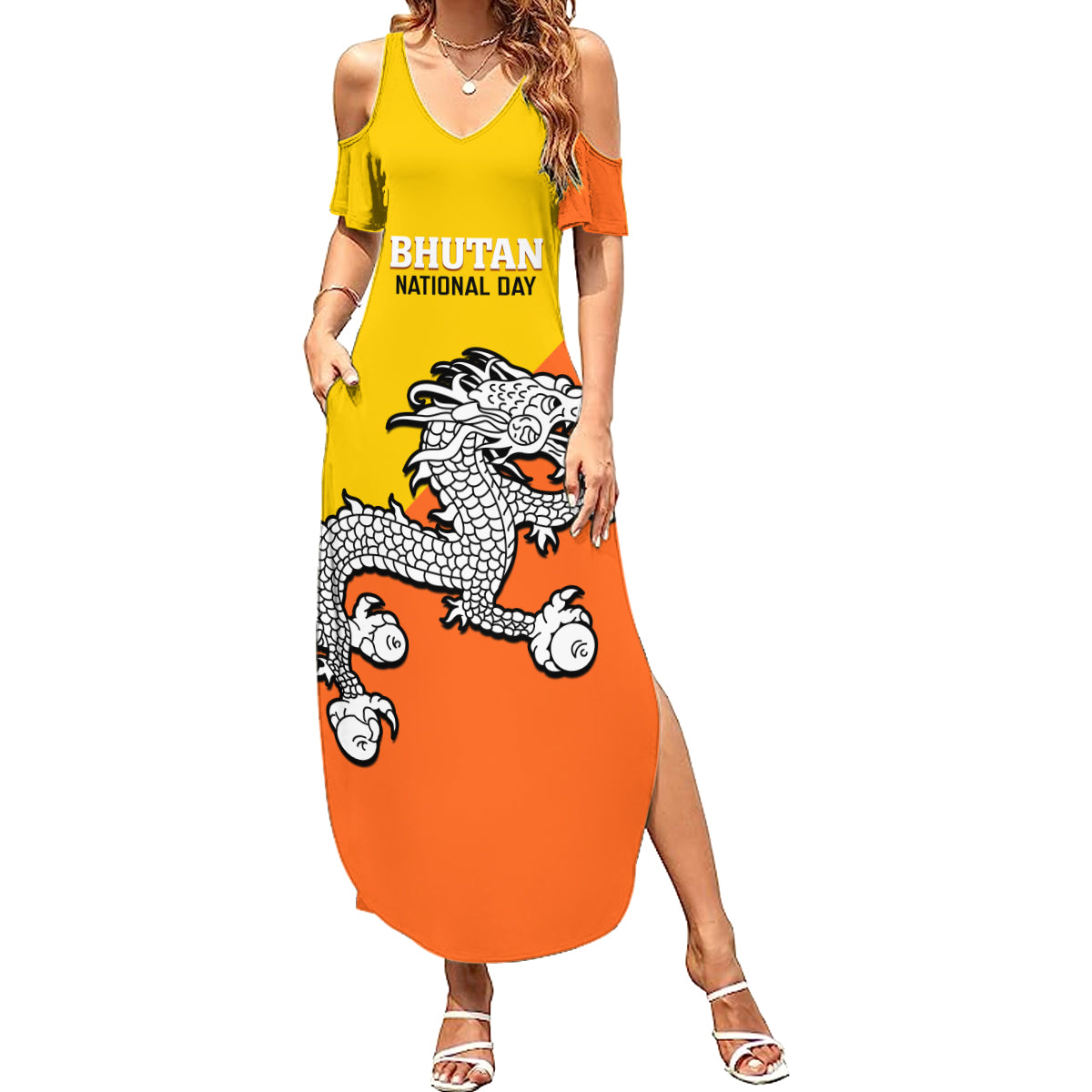 Personalised Bhutan National Day Summer Maxi Dress Coat Of Arms Mix Flag Style - Wonder Print Shop