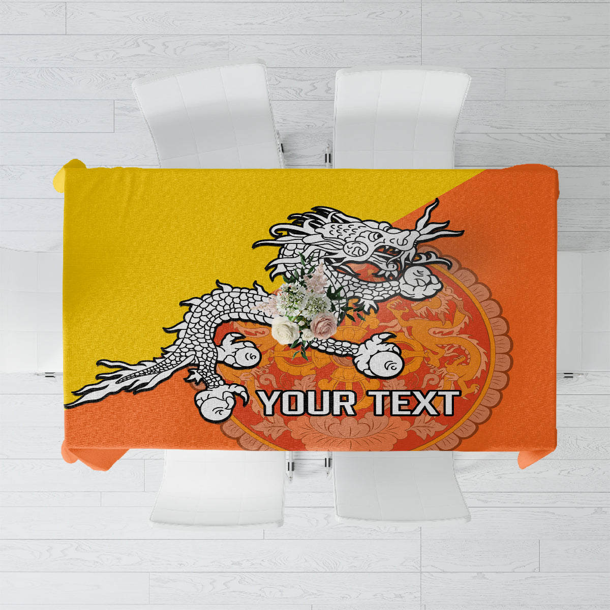 Personalised Bhutan National Day Tablecloth Coat Of Arms Mix Flag Style - Wonder Print Shop