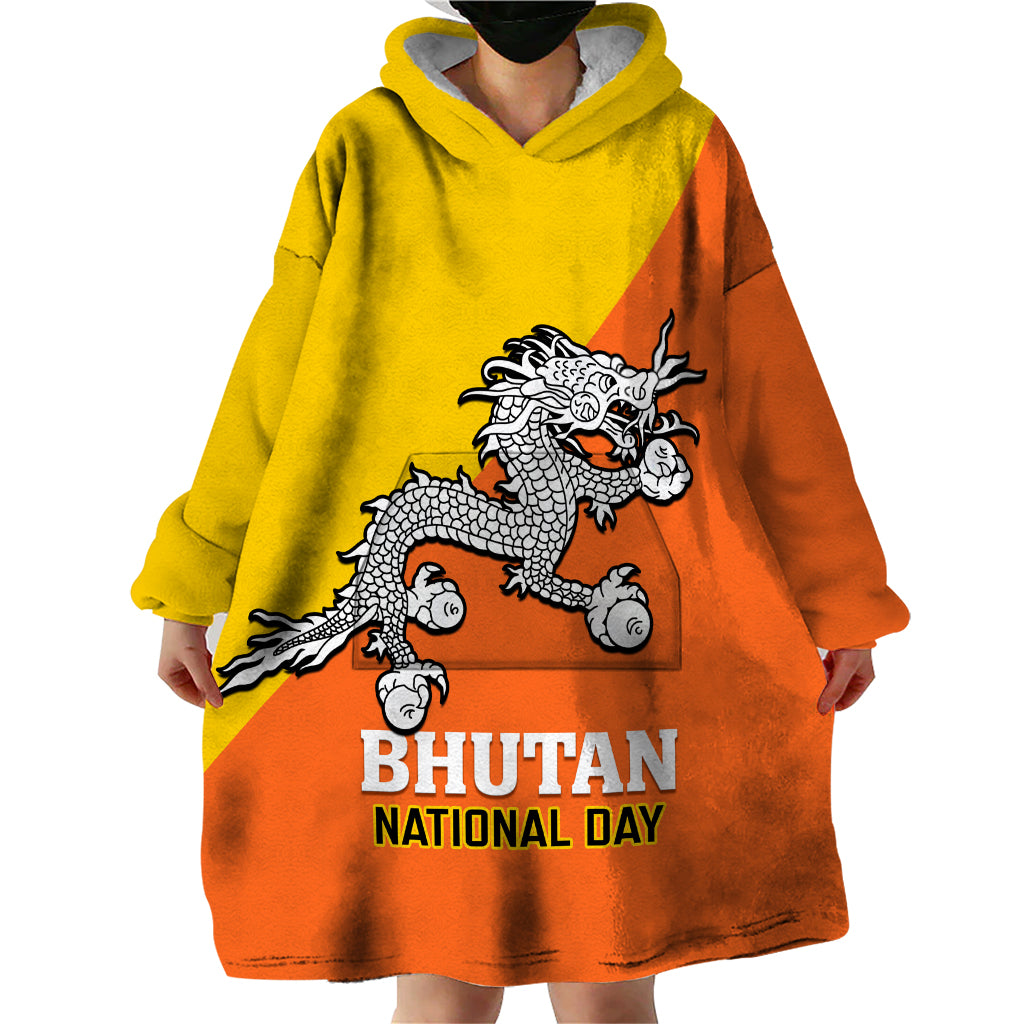 Personalised Bhutan National Day Wearable Blanket Hoodie Coat Of Arms Mix Flag Style - Wonder Print Shop