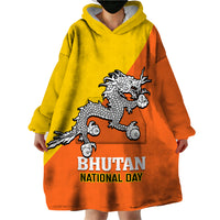 Personalised Bhutan National Day Wearable Blanket Hoodie Coat Of Arms Mix Flag Style - Wonder Print Shop