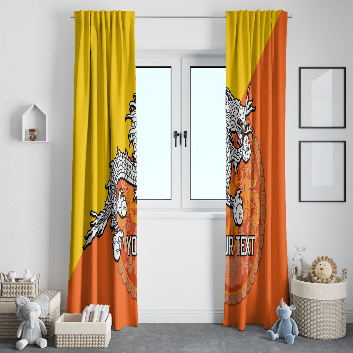 Personalised Bhutan National Day Window Curtain Coat Of Arms Mix Flag Style - Wonder Print Shop