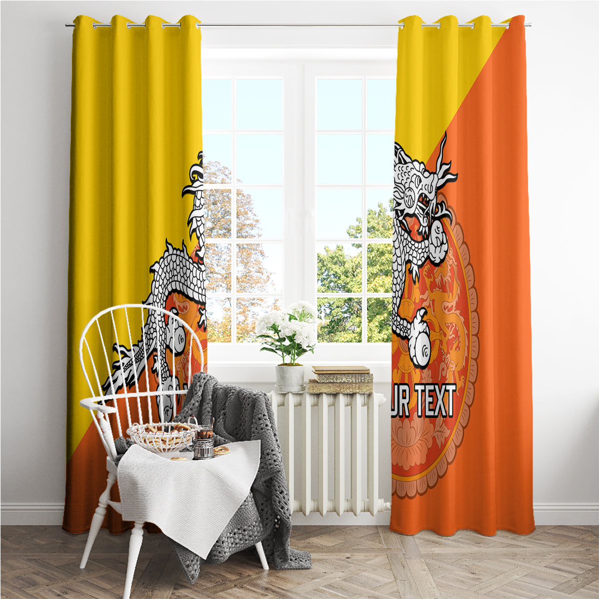 Personalised Bhutan National Day Window Curtain Coat Of Arms Mix Flag Style - Wonder Print Shop