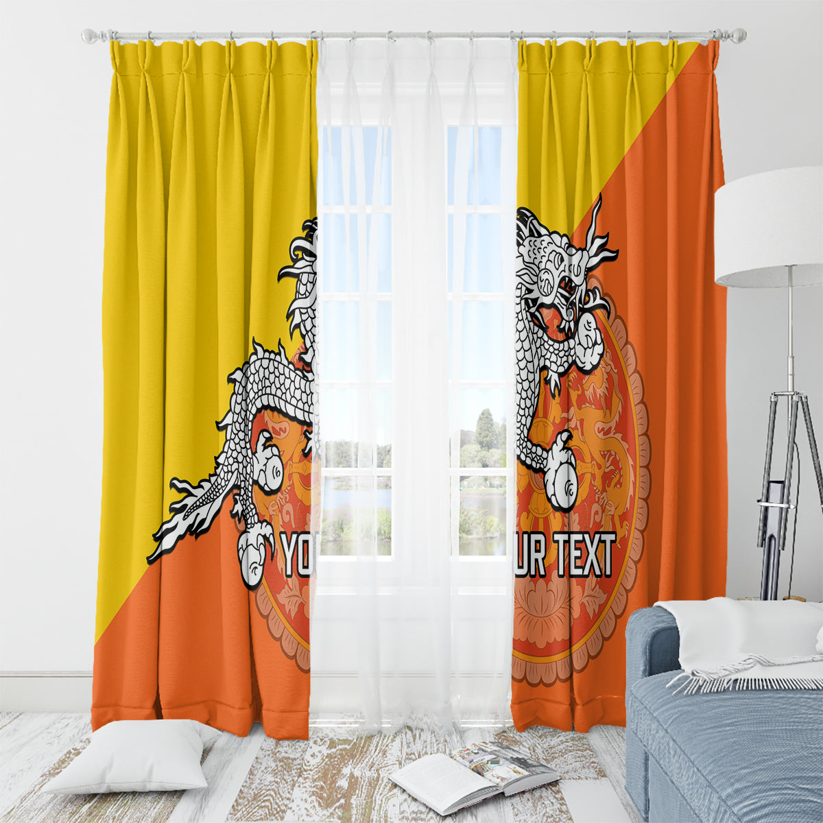 Personalised Bhutan National Day Window Curtain Coat Of Arms Mix Flag Style - Wonder Print Shop