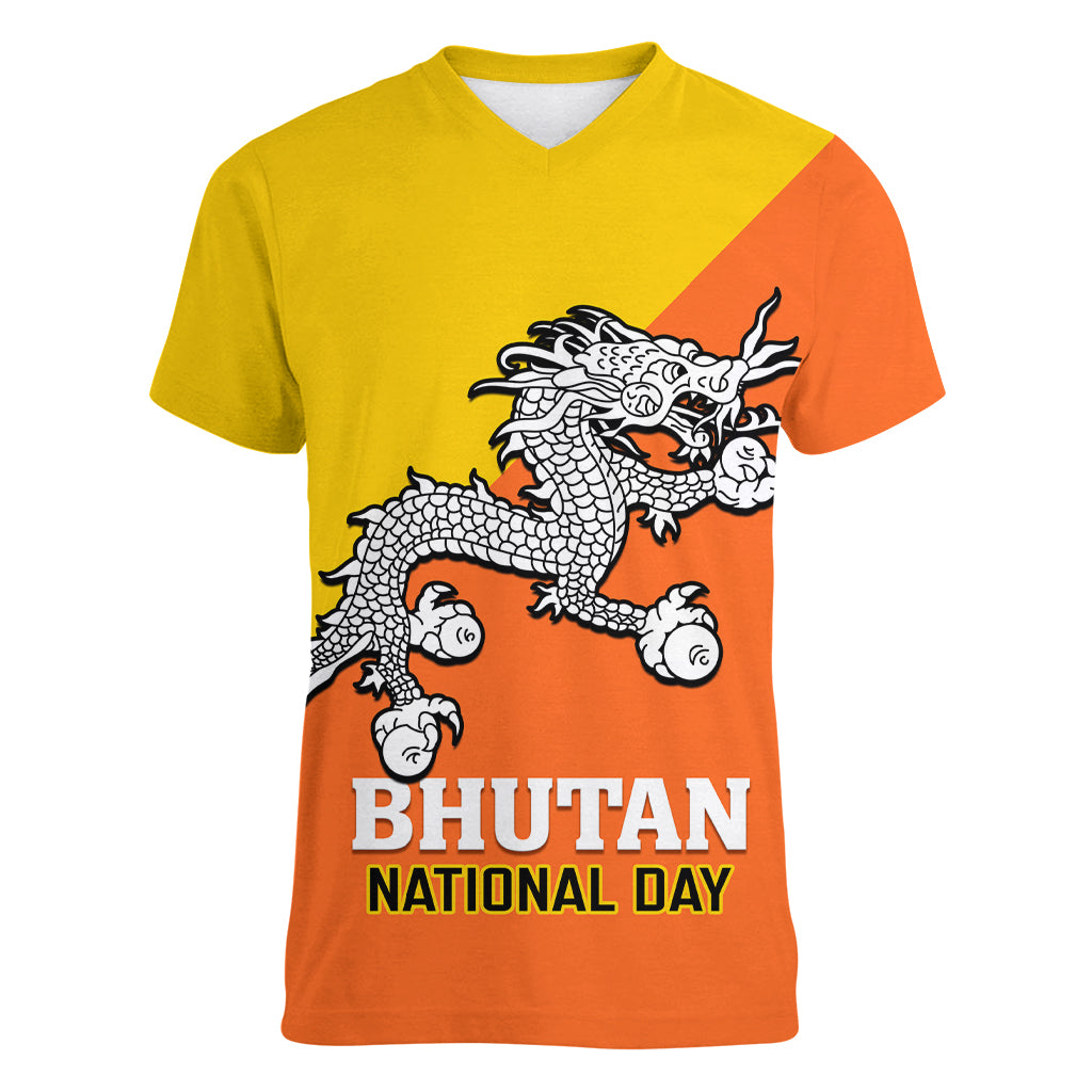 personalised-bhutan-national-day-women-v-neck-t-shirt-coat-of-arms-mix-flag-style