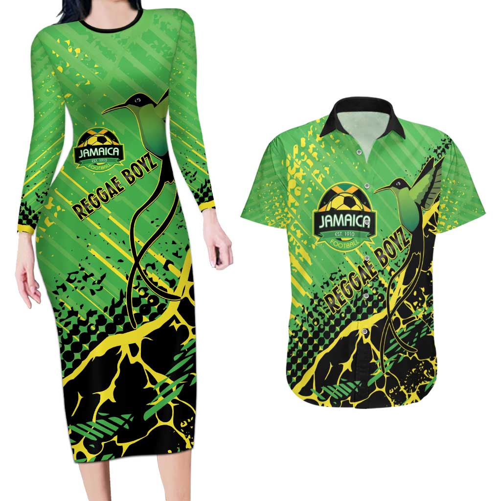 Custom Jamaica Football Couples Matching Long Sleeve Bodycon Dress and Hawaiian Shirt Come On Reggae Boyz Red-billed streamertail - Wonder Print Shop