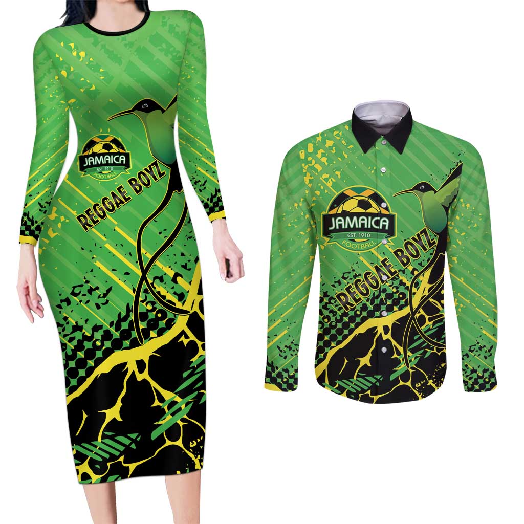 Custom Jamaica Football Couples Matching Long Sleeve Bodycon Dress and Long Sleeve Button Shirt Come On Reggae Boyz Red-billed streamertail - Wonder Print Shop