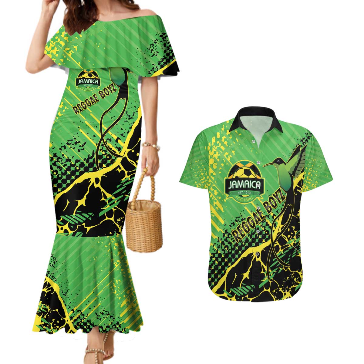 Custom Jamaica Football Couples Matching Mermaid Dress and Hawaiian Shirt Come On Reggae Boyz Red-billed streamertail - Wonder Print Shop