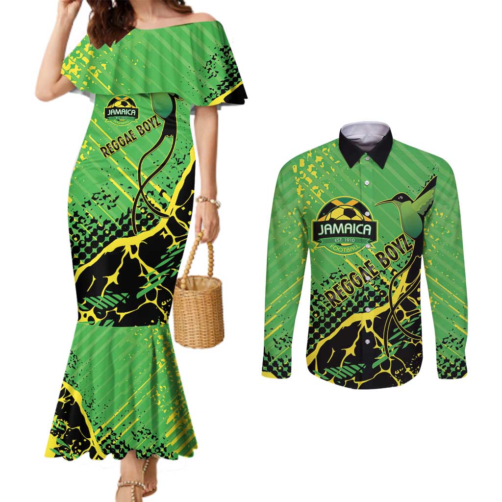 Custom Jamaica Football Couples Matching Mermaid Dress and Long Sleeve Button Shirt Come On Reggae Boyz Red-billed streamertail - Wonder Print Shop