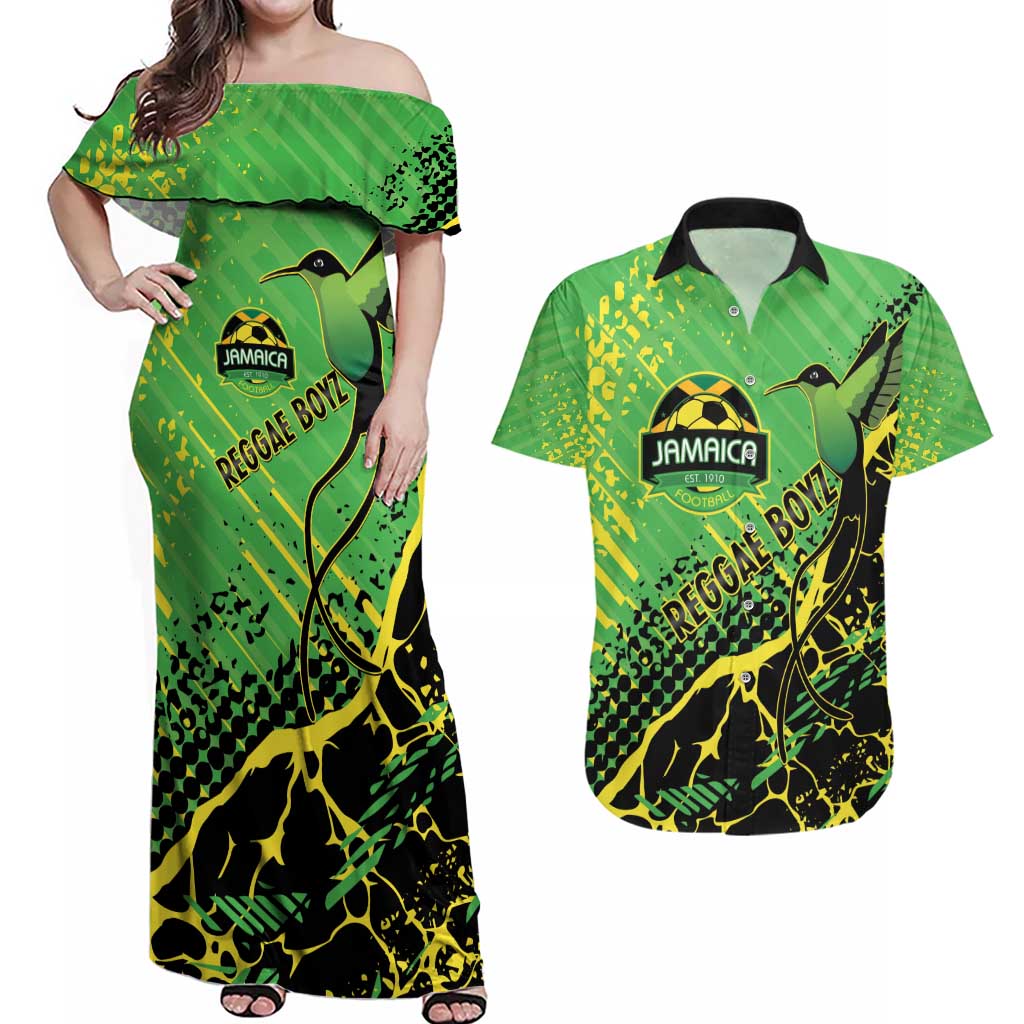Custom Jamaica Football Couples Matching Off Shoulder Maxi Dress and Hawaiian Shirt Come On Reggae Boyz Red-billed streamertail - Wonder Print Shop