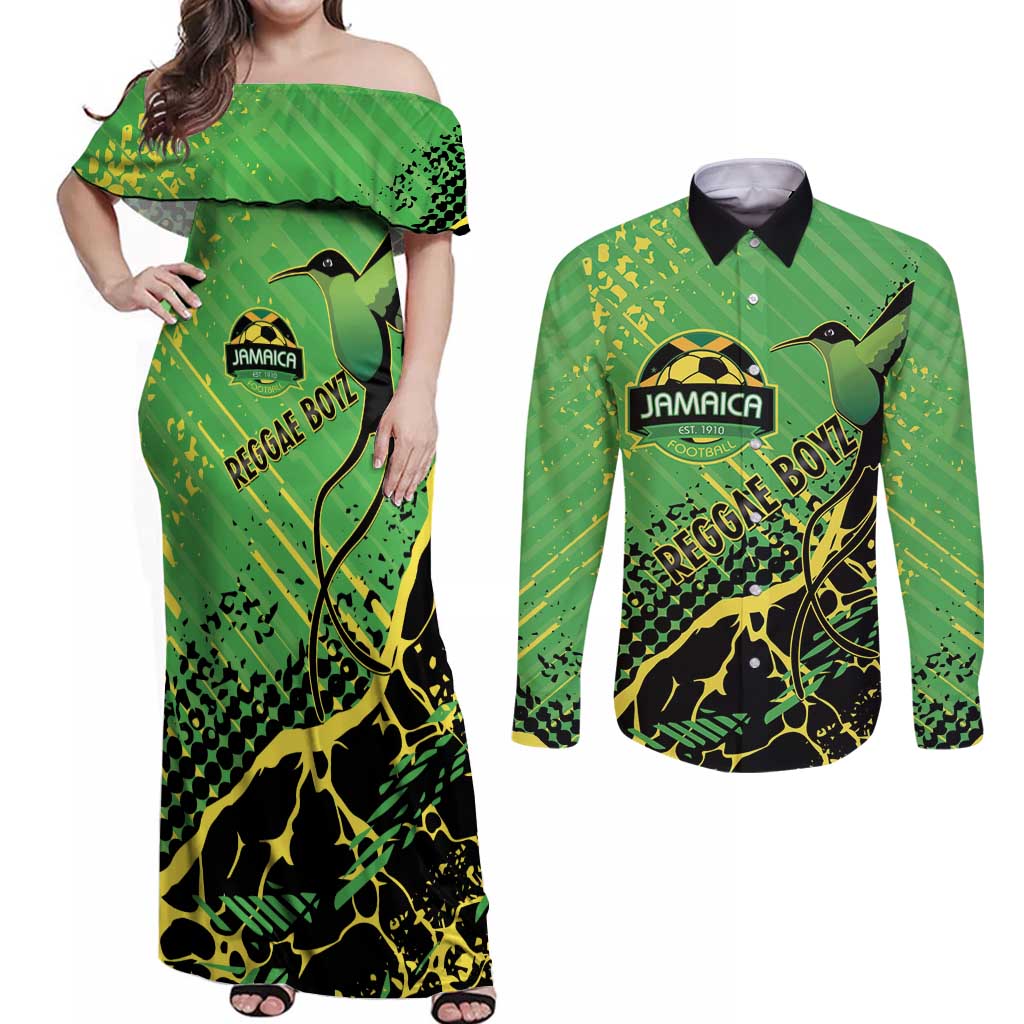 Custom Jamaica Football Couples Matching Off Shoulder Maxi Dress and Long Sleeve Button Shirt Come On Reggae Boyz Red-billed streamertail - Wonder Print Shop