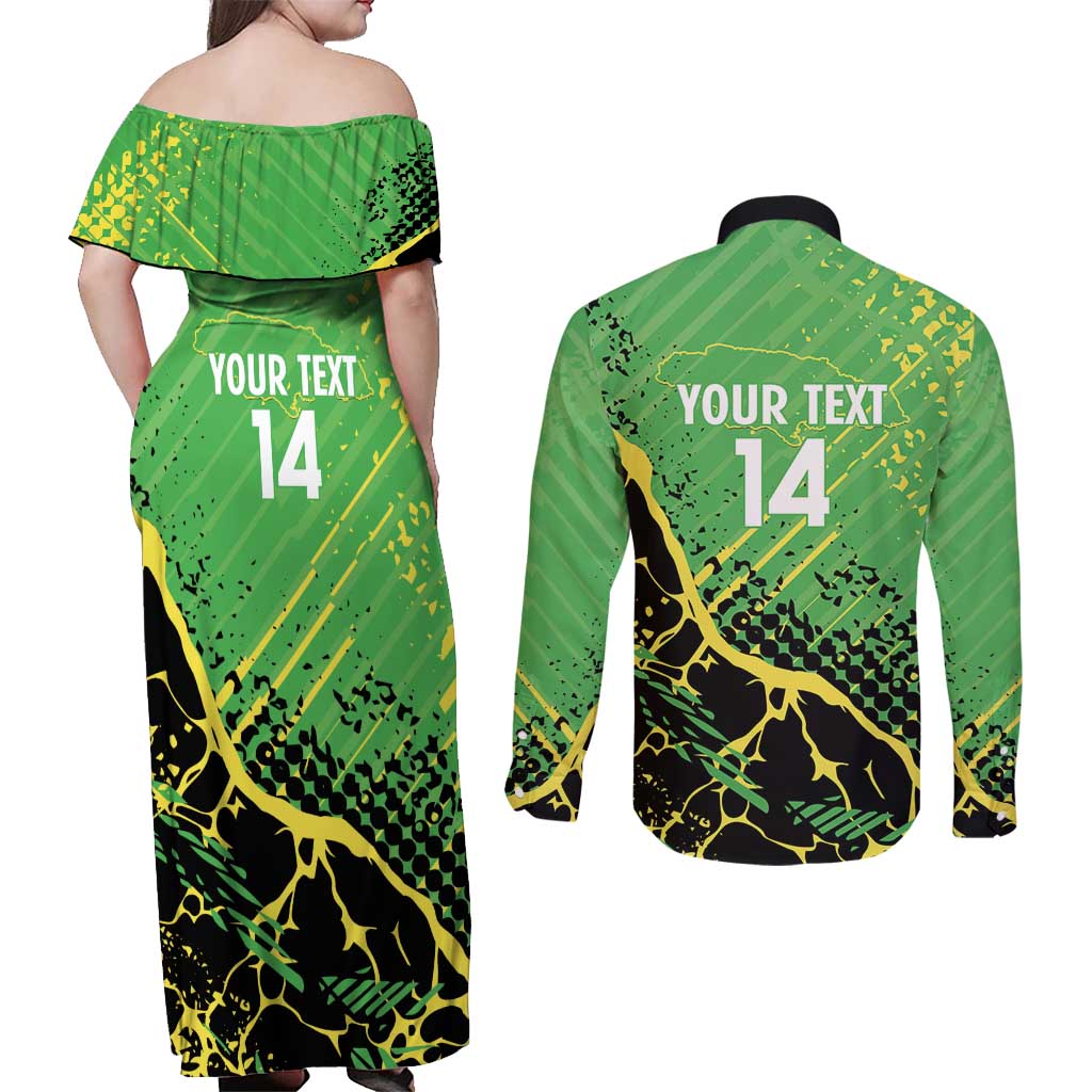 Custom Jamaica Football Couples Matching Off Shoulder Maxi Dress and Long Sleeve Button Shirt Come On Reggae Boyz Red-billed streamertail - Wonder Print Shop