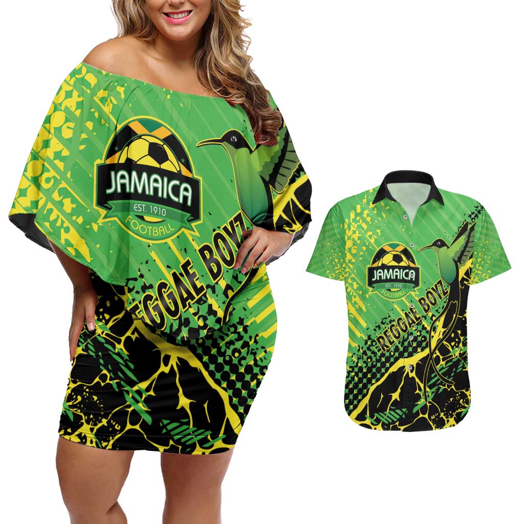 Custom Jamaica Football Couples Matching Off Shoulder Short Dress and Hawaiian Shirt Come On Reggae Boyz Red-billed streamertail - Wonder Print Shop