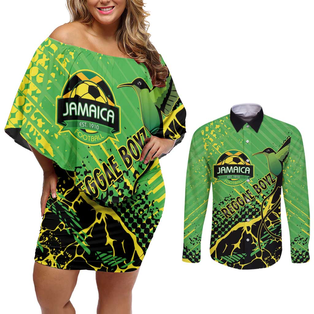 Custom Jamaica Football Couples Matching Off Shoulder Short Dress and Long Sleeve Button Shirt Come On Reggae Boyz Red-billed streamertail - Wonder Print Shop