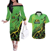 Custom Jamaica Football Couples Matching Off The Shoulder Long Sleeve Dress and Hawaiian Shirt Come On Reggae Boyz Red-billed streamertail - Wonder Print Shop