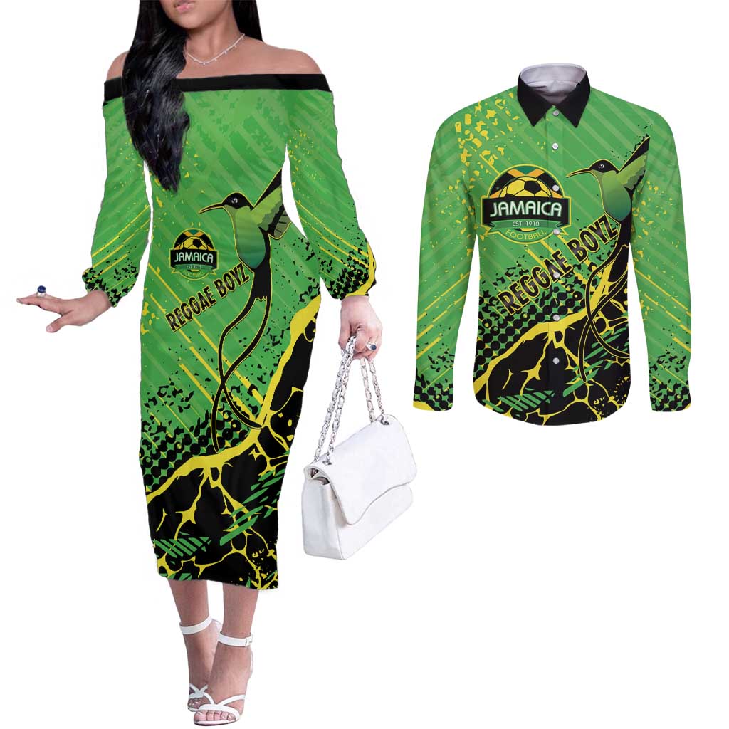 Custom Jamaica Football Couples Matching Off The Shoulder Long Sleeve Dress and Long Sleeve Button Shirt Come On Reggae Boyz Red-billed streamertail - Wonder Print Shop