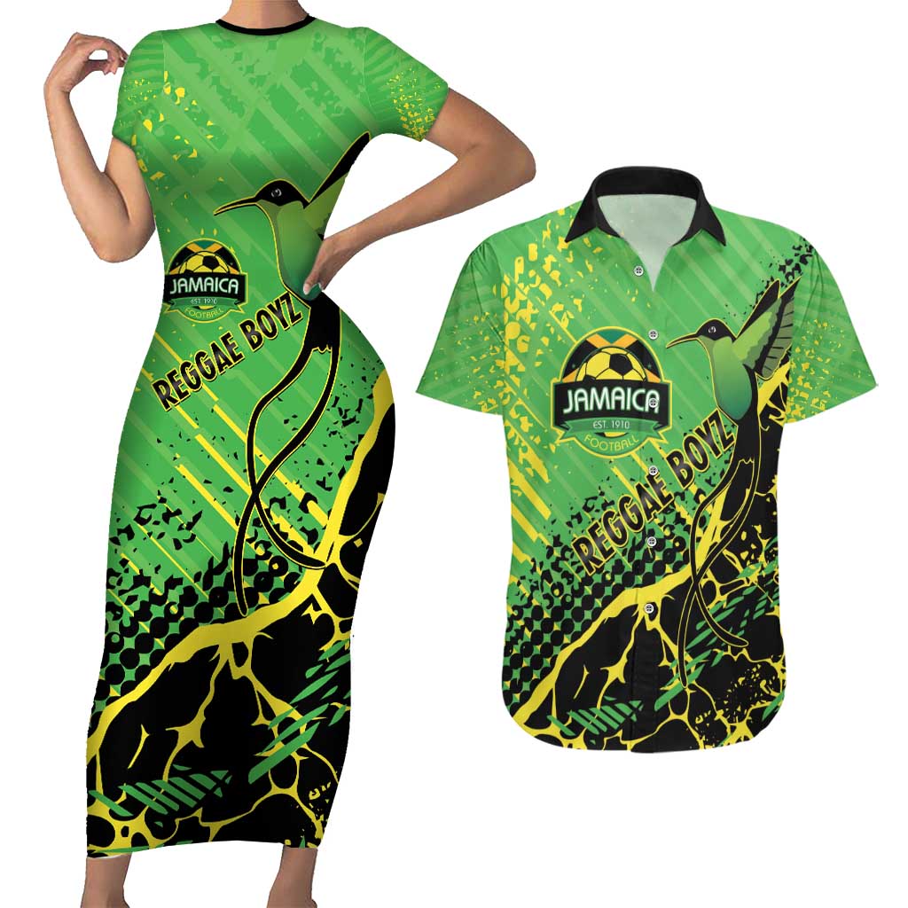 Custom Jamaica Football Couples Matching Short Sleeve Bodycon Dress and Hawaiian Shirt Come On Reggae Boyz Red-billed streamertail - Wonder Print Shop