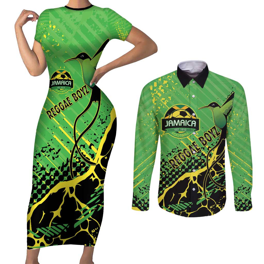 Custom Jamaica Football Couples Matching Short Sleeve Bodycon Dress and Long Sleeve Button Shirt Come On Reggae Boyz Red-billed streamertail - Wonder Print Shop
