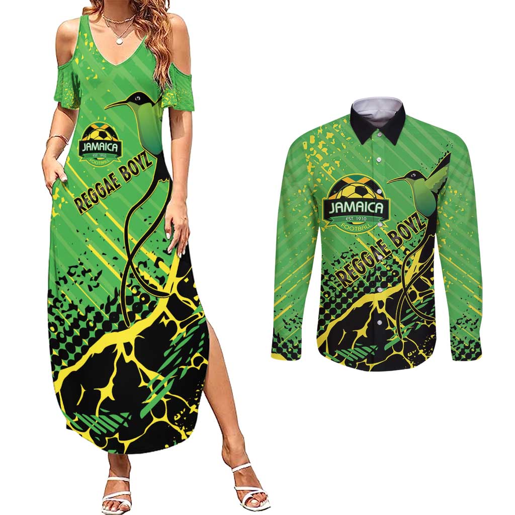 Custom Jamaica Football Couples Matching Summer Maxi Dress and Long Sleeve Button Shirt Come On Reggae Boyz Red-billed streamertail - Wonder Print Shop