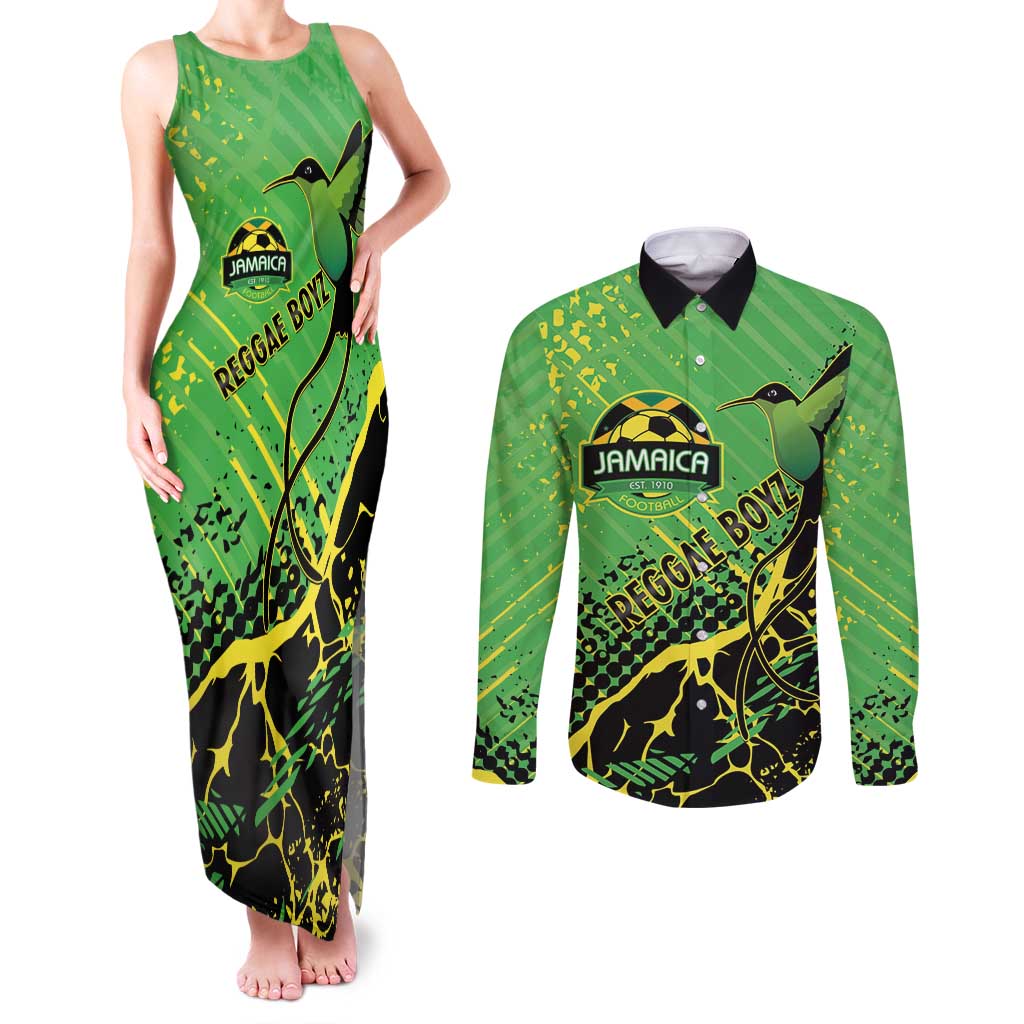 Custom Jamaica Football Couples Matching Tank Maxi Dress and Long Sleeve Button Shirt Come On Reggae Boyz Red-billed streamertail - Wonder Print Shop