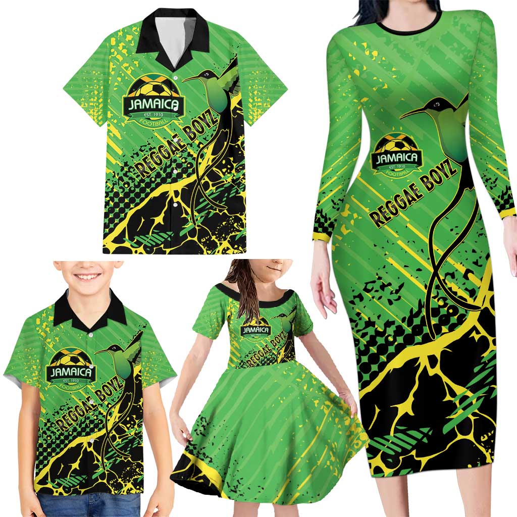 Custom Jamaica Football Family Matching Long Sleeve Bodycon Dress and Hawaiian Shirt Come On Reggae Boyz Red-billed streamertail - Wonder Print Shop