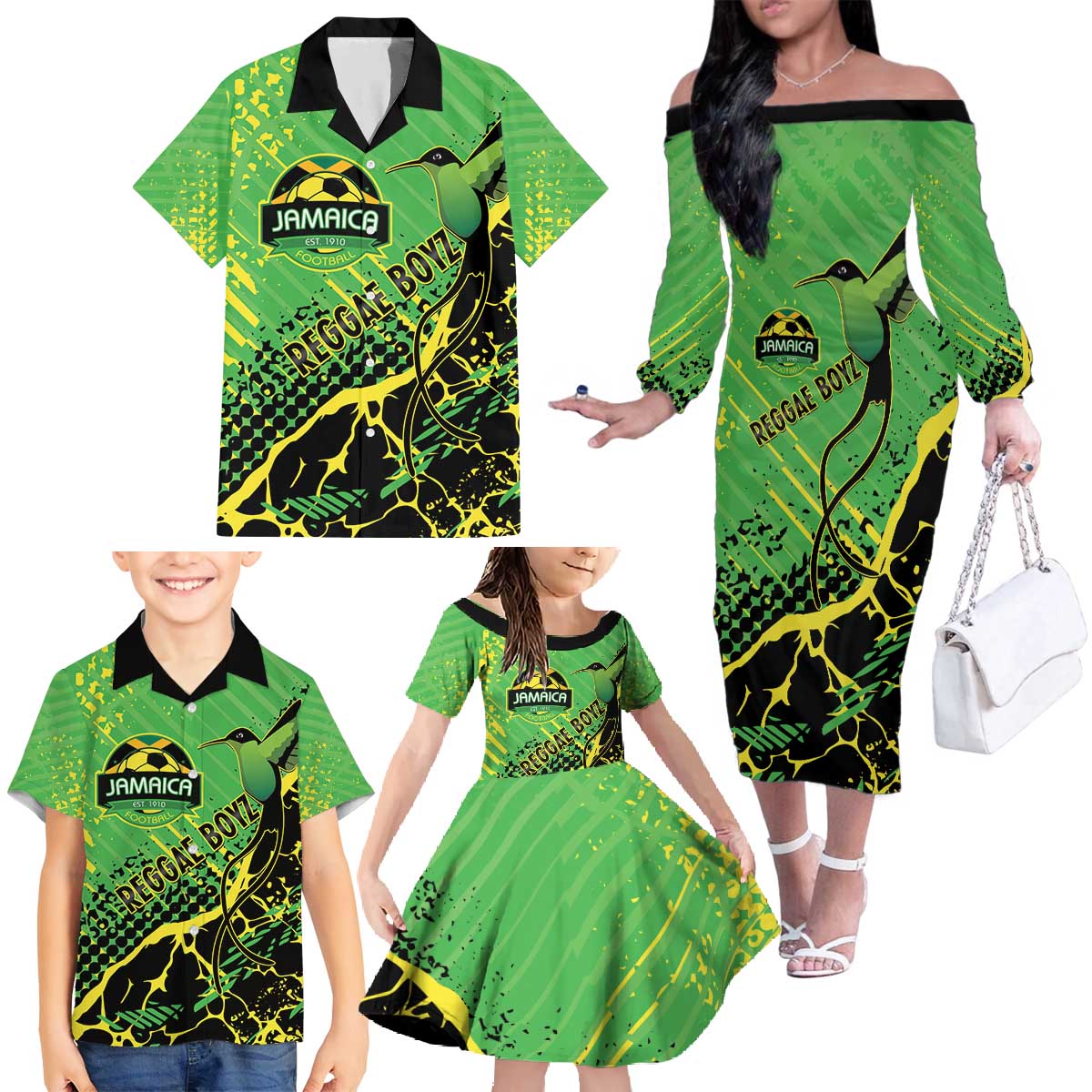 Custom Jamaica Football Family Matching Off The Shoulder Long Sleeve Dress and Hawaiian Shirt Come On Reggae Boyz Red-billed streamertail - Wonder Print Shop