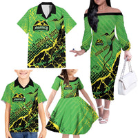 Custom Jamaica Football Family Matching Off The Shoulder Long Sleeve Dress and Hawaiian Shirt Come On Reggae Boyz Red-billed streamertail - Wonder Print Shop
