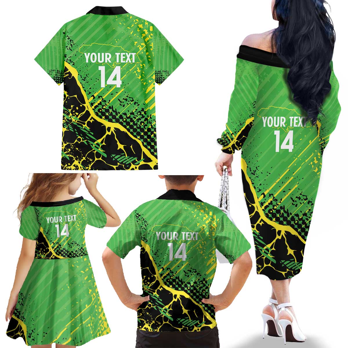 Custom Jamaica Football Family Matching Off The Shoulder Long Sleeve Dress and Hawaiian Shirt Come On Reggae Boyz Red-billed streamertail - Wonder Print Shop