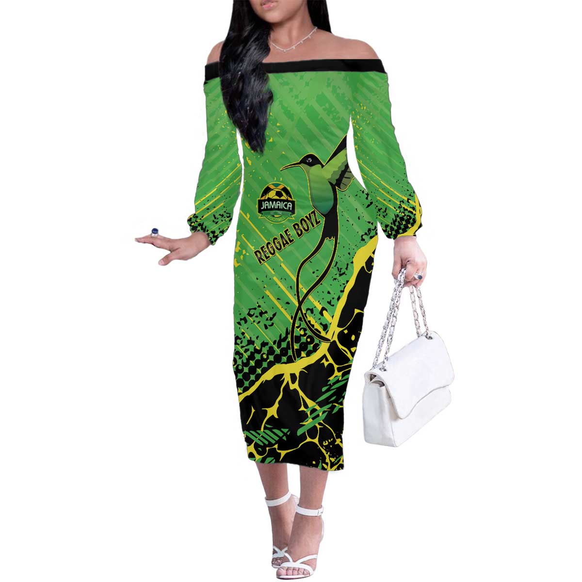 Custom Jamaica Football Family Matching Off The Shoulder Long Sleeve Dress and Hawaiian Shirt Come On Reggae Boyz Red-billed streamertail - Wonder Print Shop