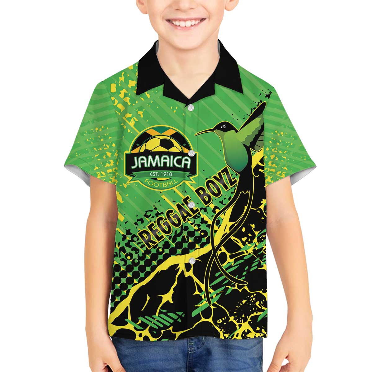 Custom Jamaica Football Family Matching Off The Shoulder Long Sleeve Dress and Hawaiian Shirt Come On Reggae Boyz Red-billed streamertail - Wonder Print Shop