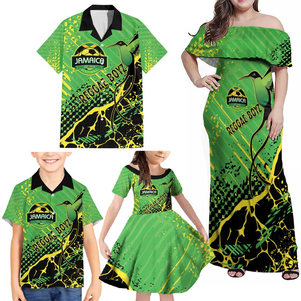 Custom Jamaica Football Family Matching Off Shoulder Maxi Dress and Hawaiian Shirt Come On Reggae Boyz Red-billed streamertail - Wonder Print Shop