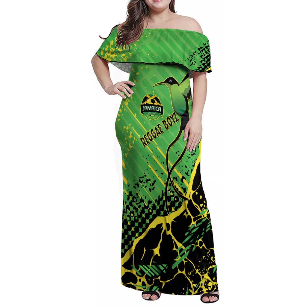 Custom Jamaica Football Family Matching Off Shoulder Maxi Dress and Hawaiian Shirt Come On Reggae Boyz Red-billed streamertail - Wonder Print Shop