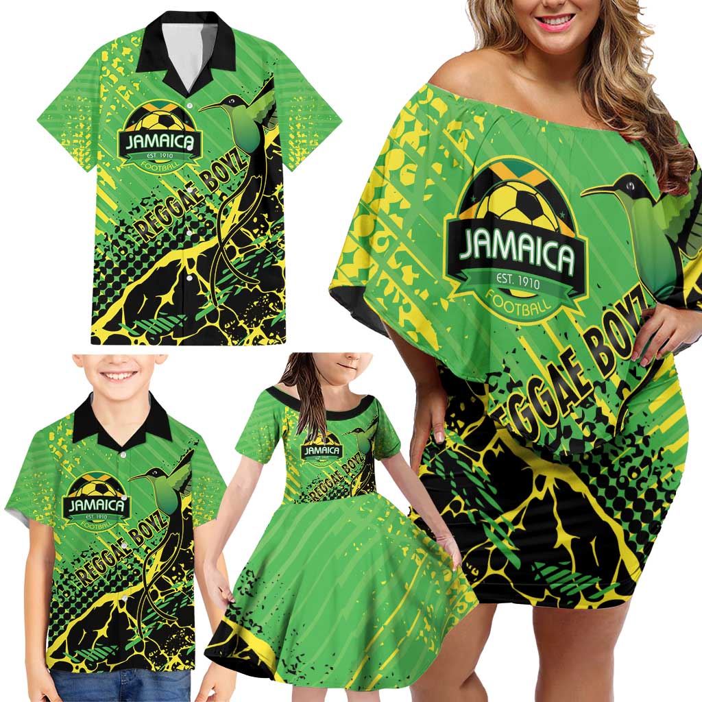Custom Jamaica Football Family Matching Off Shoulder Short Dress and Hawaiian Shirt Come On Reggae Boyz Red-billed streamertail - Wonder Print Shop